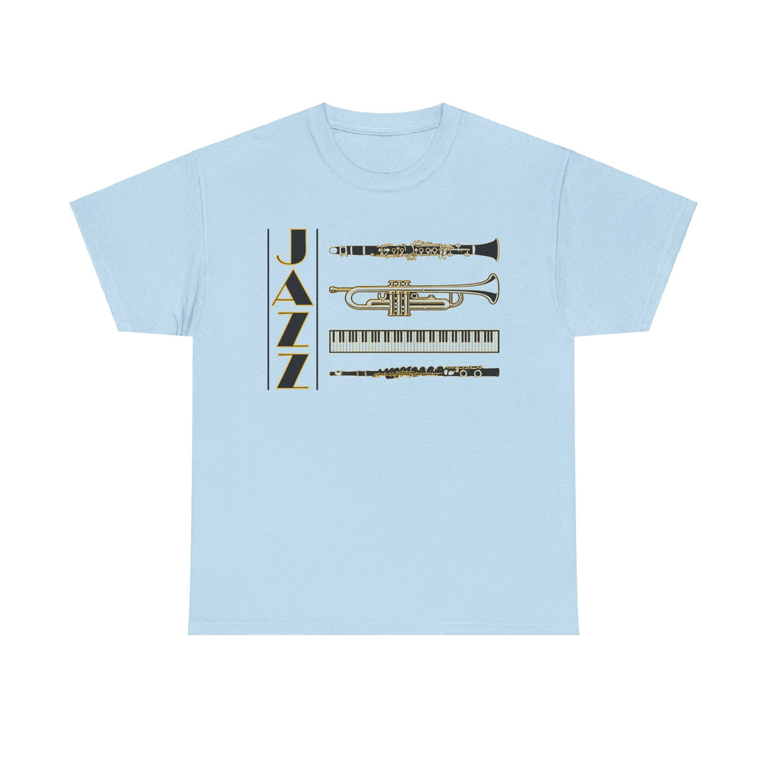 Jazz musical instruments t shirt in various colours with text saying ‘JAZZ’