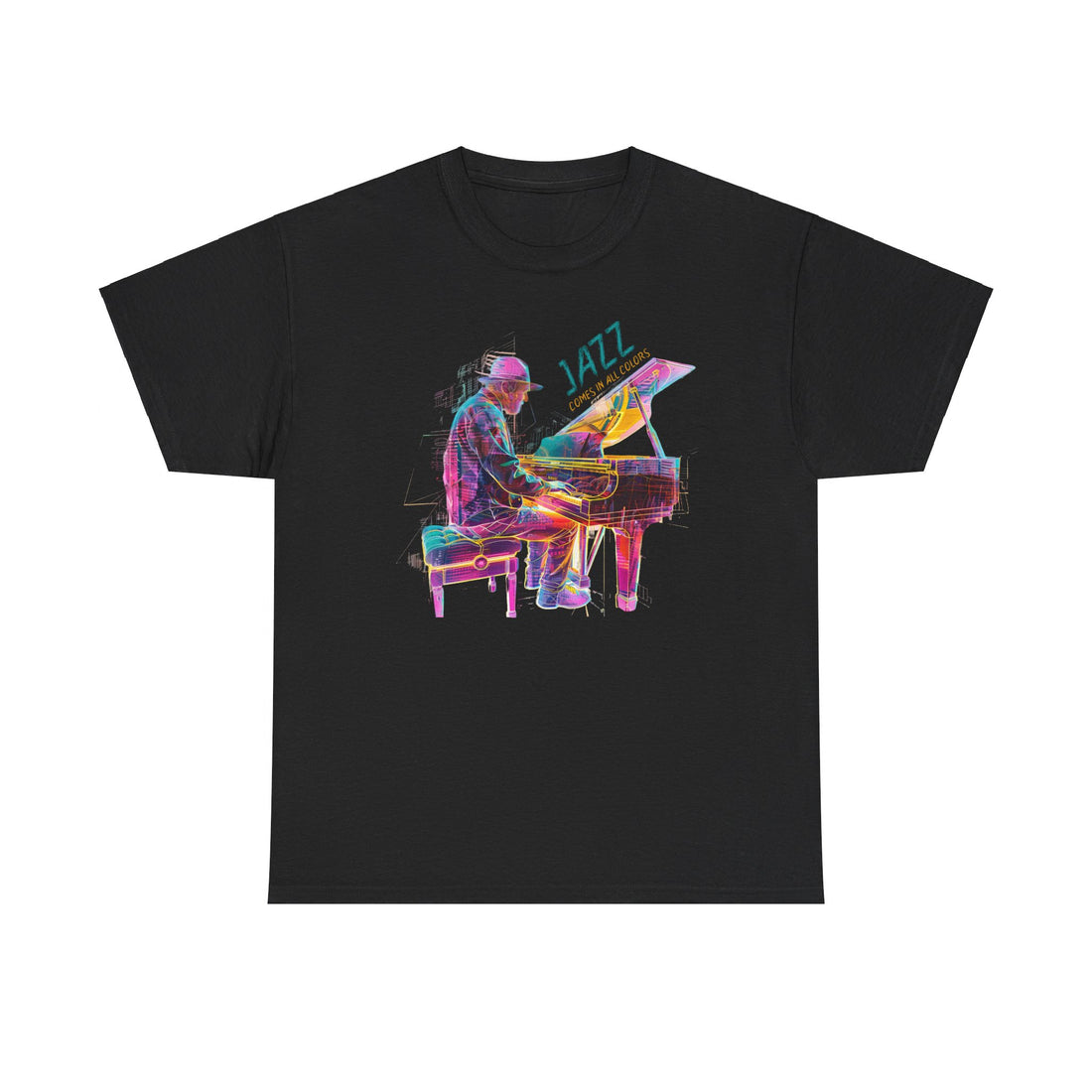 A black t shirt with a multi coloured design of a jazz piano player. The text above the piano states, ‘Jazz Comes In All Colors’