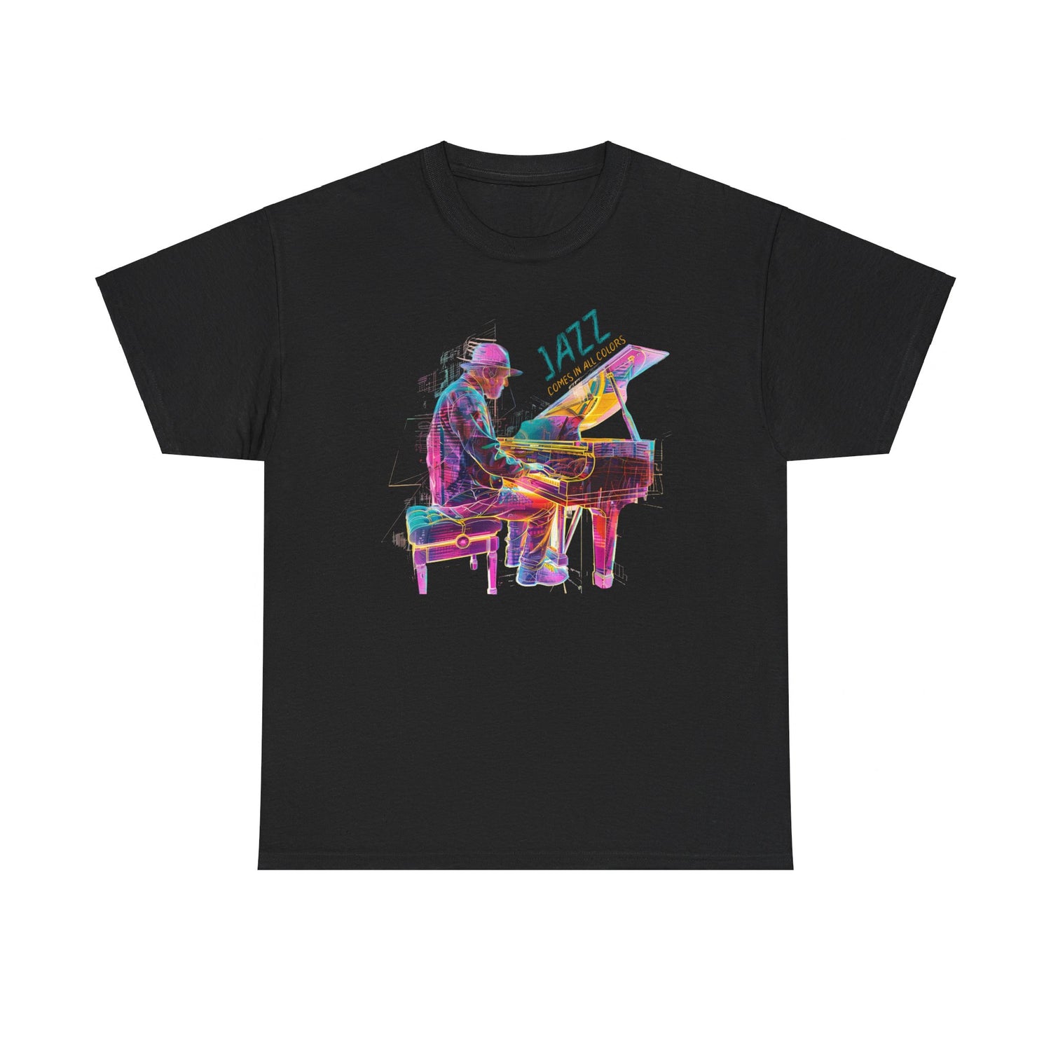 A black t shirt with a multi coloured design of a jazz piano player. The text above the piano states, ‘Jazz Comes In All Colors’