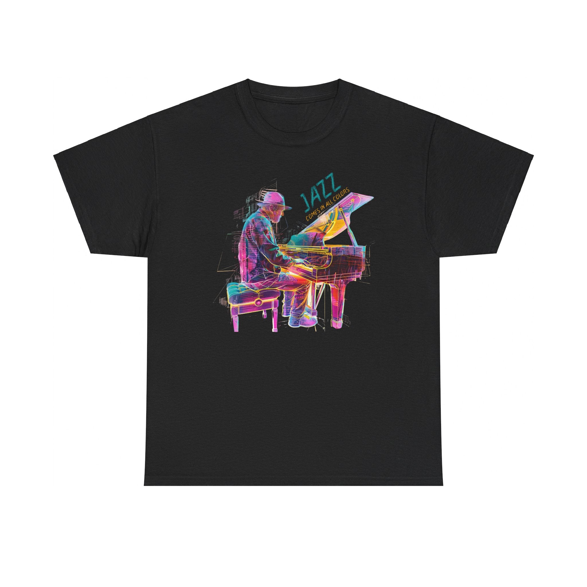 A black t shirt with a multi coloured design of a jazz piano player. The text above the piano states, ‘Jazz Comes In All Colors’