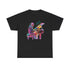 A black t shirt with a multi coloured design of a jazz piano player. The text above the piano states, ‘Jazz Comes In All Colors’