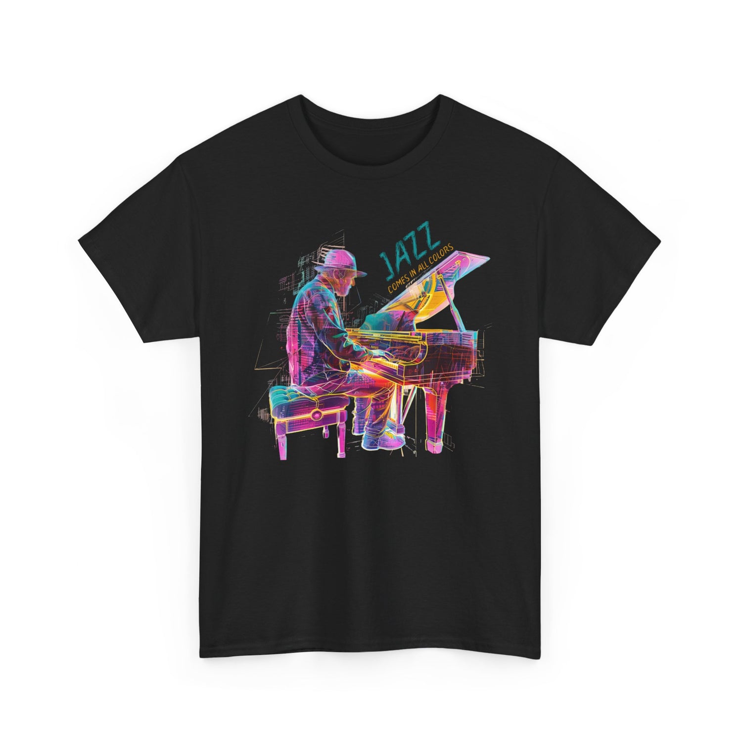 A black t shirt with a multi coloured design of a jazz piano player. The text above the piano states, ‘Jazz Comes In All Colors’