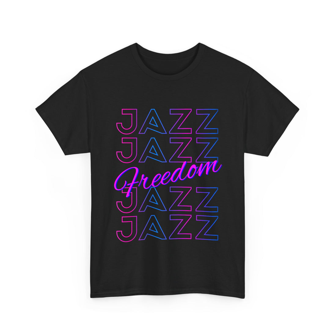 A black t shirt with the text saying ‘JAZZ’ down the shirt four times in the centre at an angle is the word ‘FREEDOM’ the text is in a blue &amp; pink color.