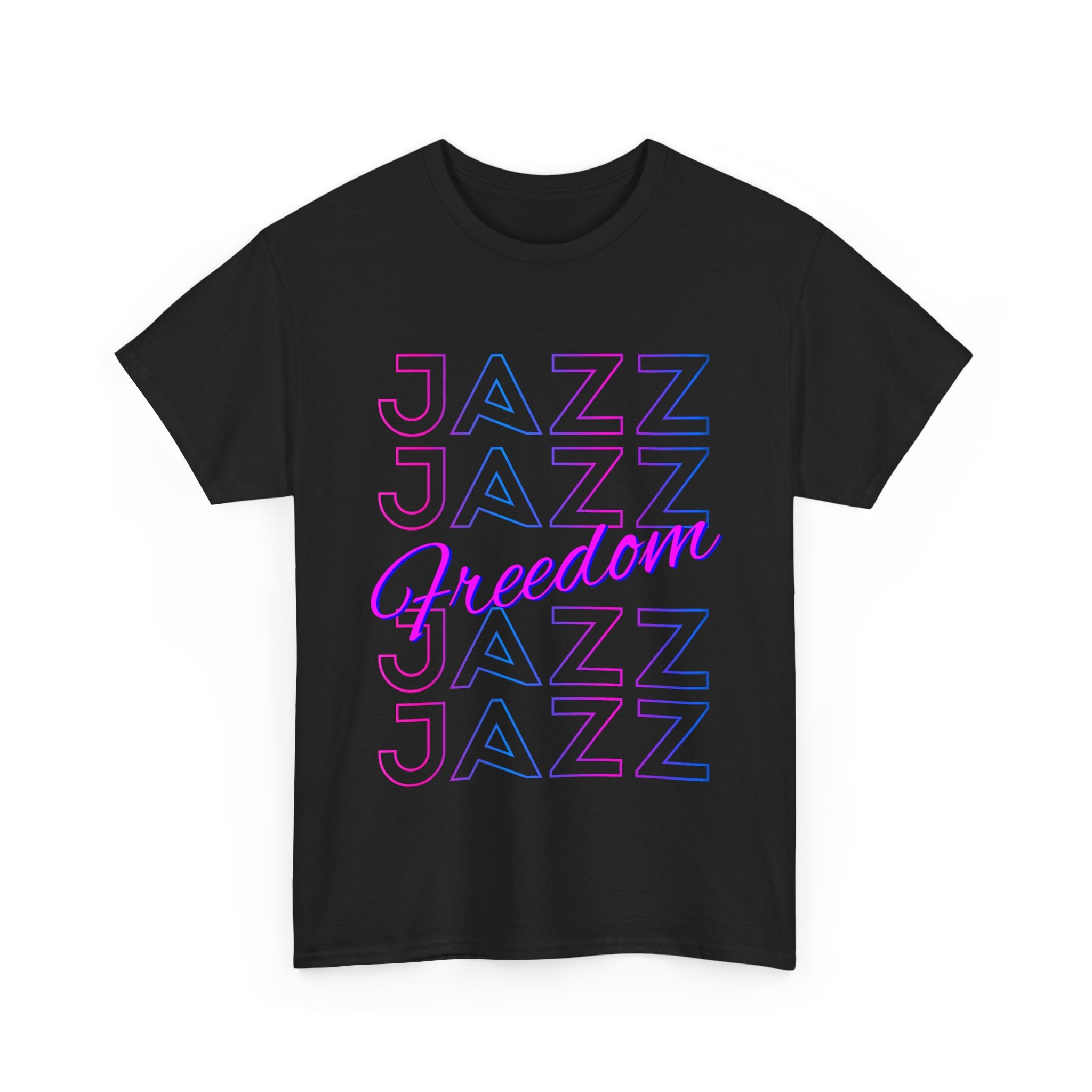 A black t shirt with the text saying ‘JAZZ’ down the shirt four times in the centre at an angle is the word ‘FREEDOM’ the text is in a blue &amp; pink color.