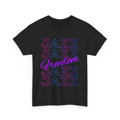 A black t shirt with the text saying ‘JAZZ’ down the shirt four times in the centre at an angle is the word ‘FREEDOM’ the text is in a blue &amp; pink color.