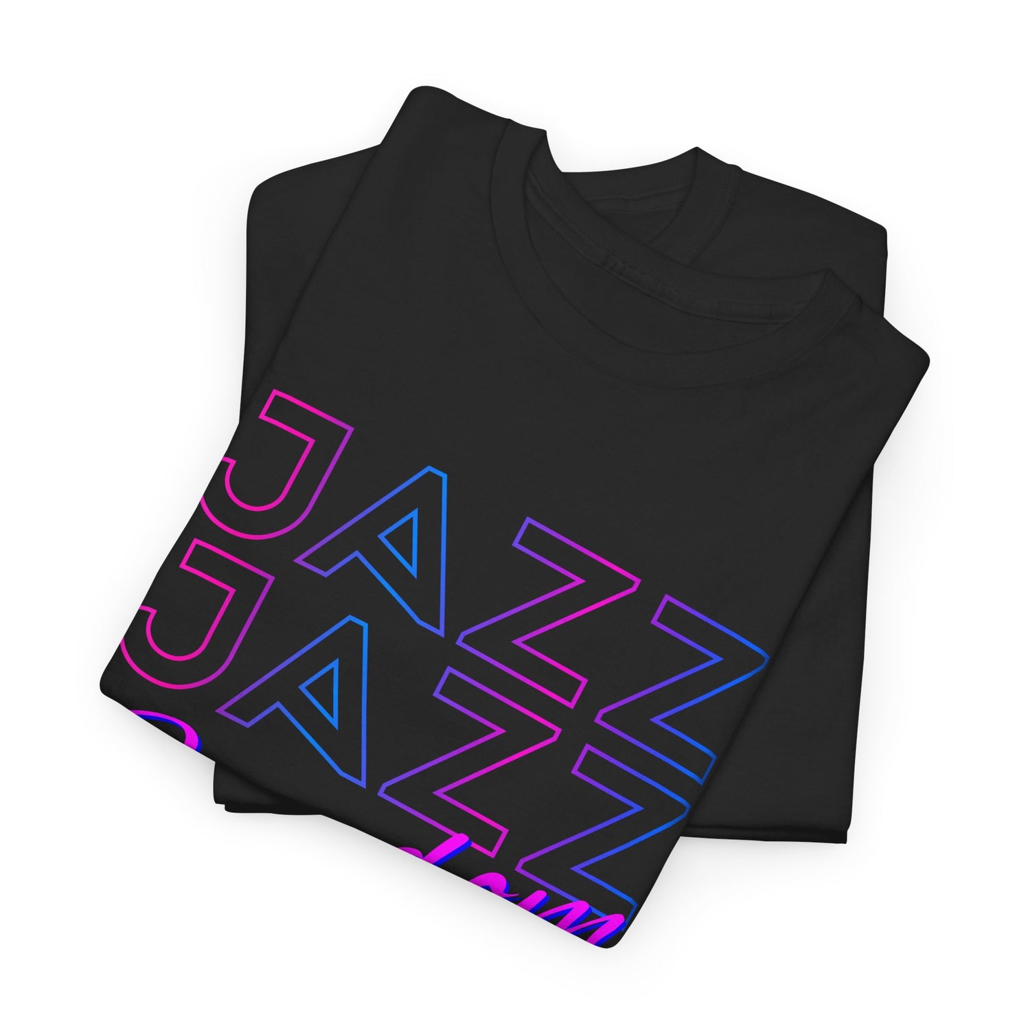 A black t shirt with the text saying ‘JAZZ’ down the shirt four times in the centre at an angle is the word ‘FREEDOM’ the text is in a blue &amp; pink color.