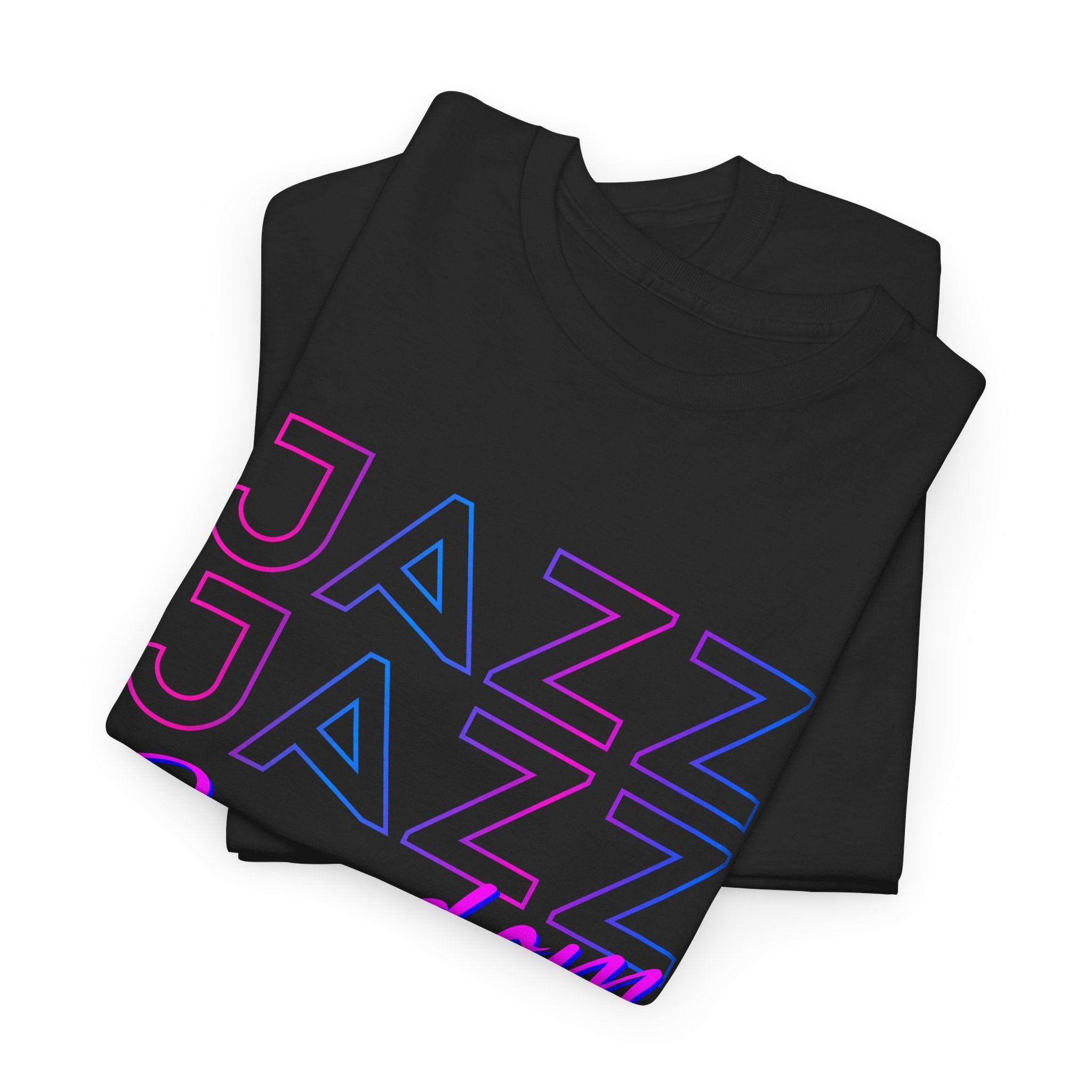 A black t shirt with the text saying ‘JAZZ’ down the shirt four times in the centre at an angle is the word ‘FREEDOM’ the text is in a blue &amp; pink color.