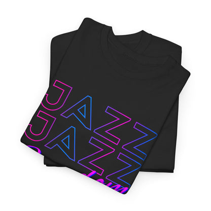 A black t shirt with the text saying ‘JAZZ’ down the shirt four times in the centre at an angle is the word ‘FREEDOM’ the text is in a blue &amp; pink color.