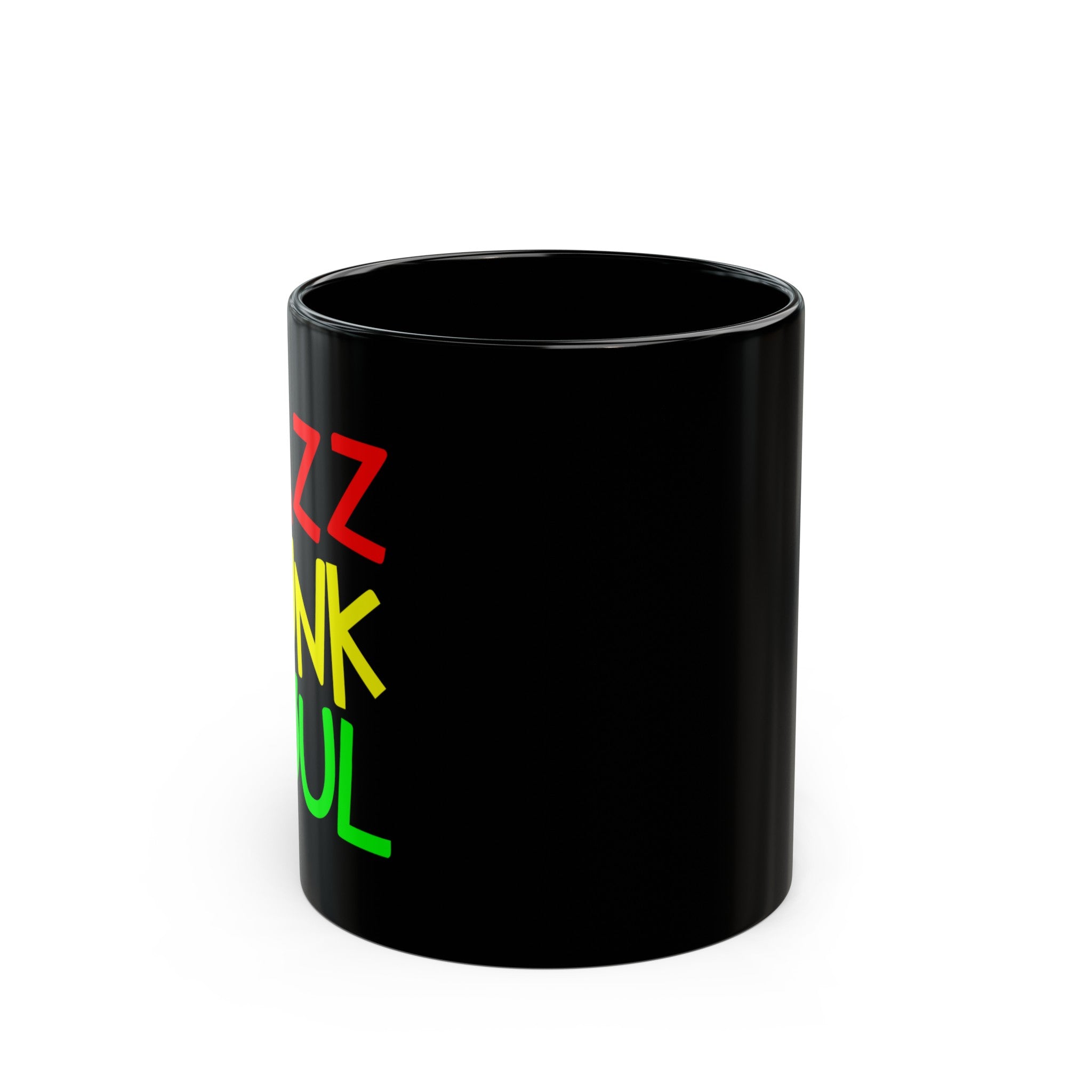 A black coffee mug with unusual funky font saying JAZZ, FUNK, SOUL, in red, yellow &amp; green.