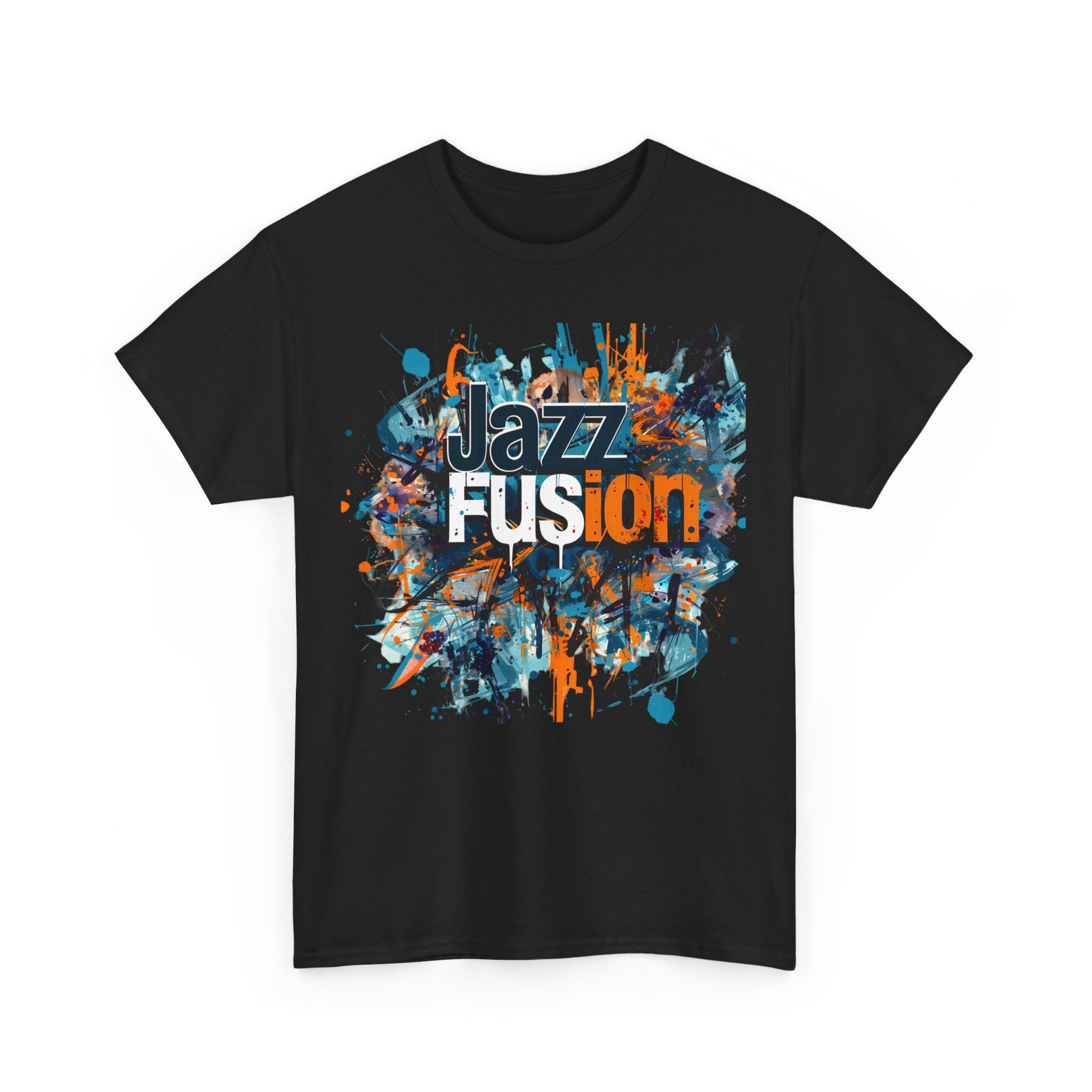 A black or white t shirt with a blotched paint design in blue, white &amp; gold, with the words ‘Jazz Fusion’ over the design.