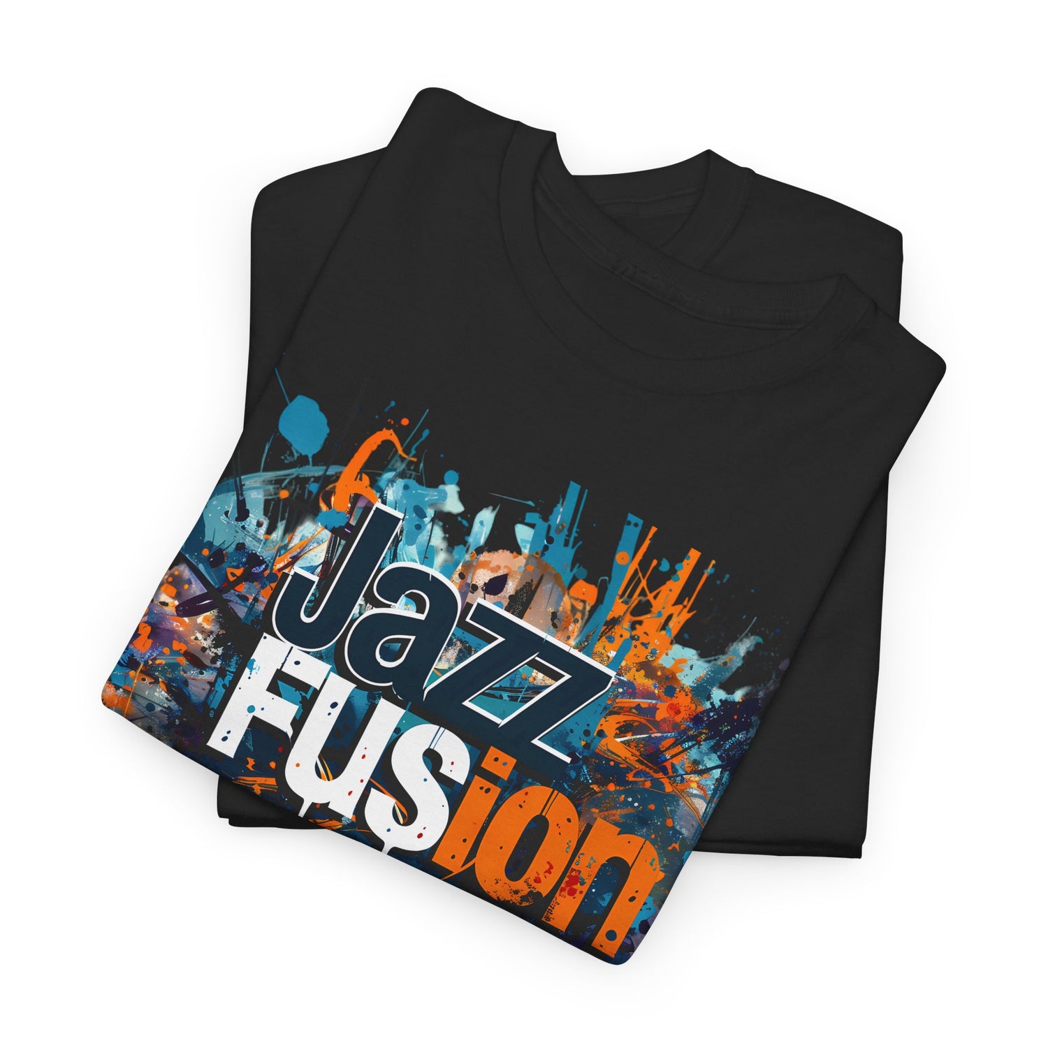 A black or white t shirt with a blotched paint design in blue, white &amp; gold, with the words ‘Jazz Fusion’ over the design.
