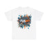 A black or white t shirt with a blotched paint design in blue, white & gold, with the words ‘Jazz Fusion’ over the design.