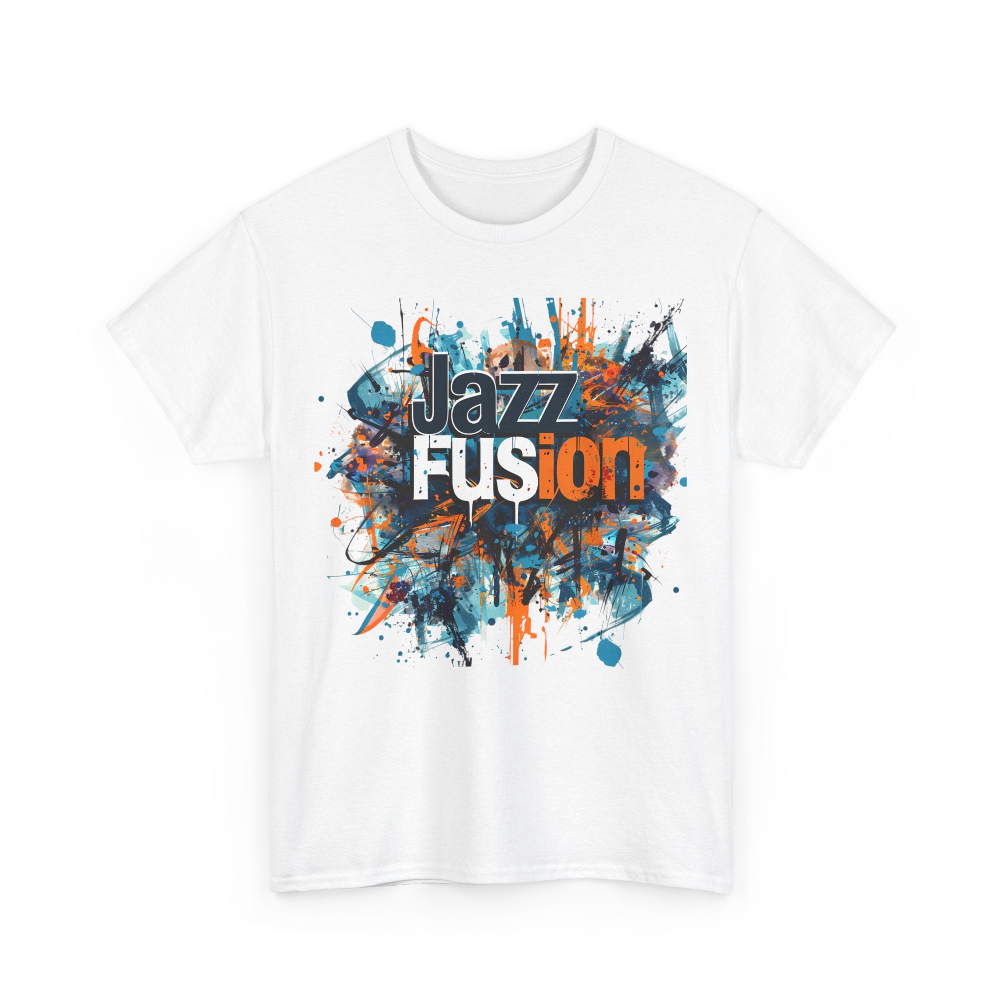 A black or white t shirt with a blotched paint design in blue, white &amp; gold, with the words ‘Jazz Fusion’ over the design.
