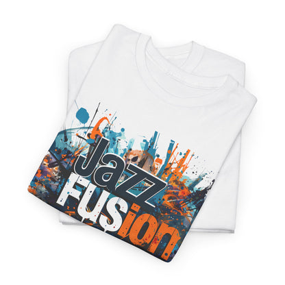A black or white t shirt with a blotched paint design in blue, white &amp; gold, with the words ‘Jazz Fusion’ over the design.