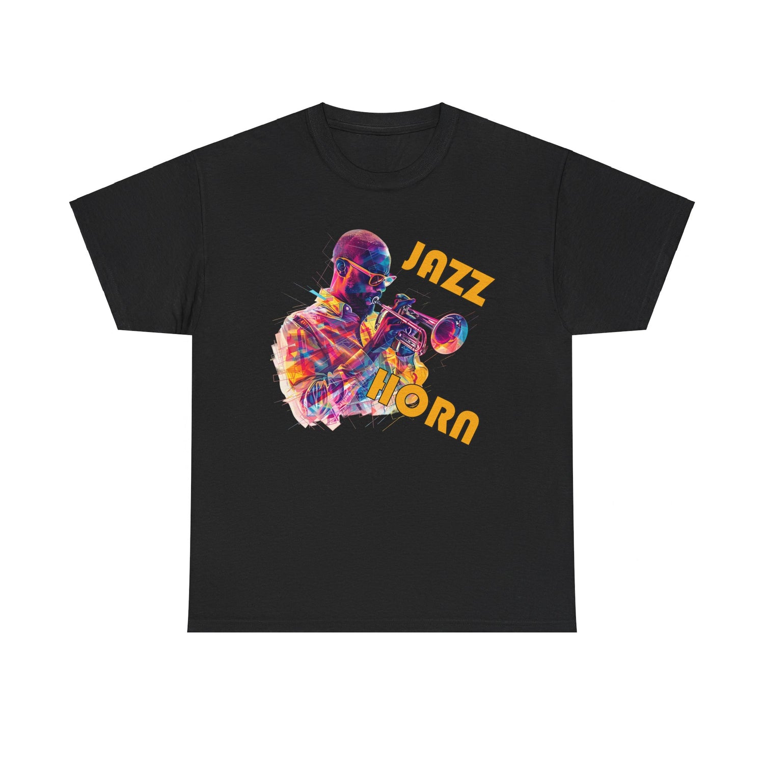 A black or white t shirt with a trumpet player in a multi coloured image. The words across the image say ‘Jazz Horn’