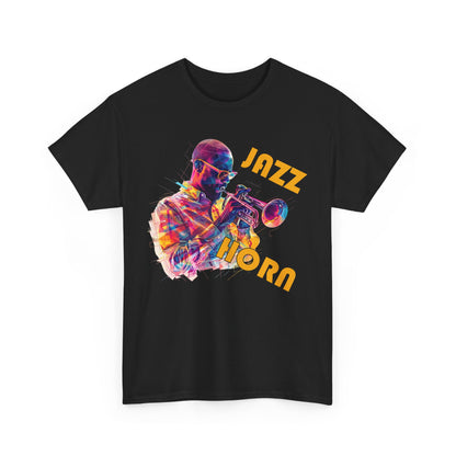 A black or white t shirt with a trumpet player in a multi coloured image. The words across the image say ‘Jazz Horn’