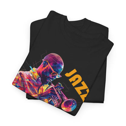 A black or white t shirt with a trumpet player in a multi coloured image. The words across the image say ‘Jazz Horn’