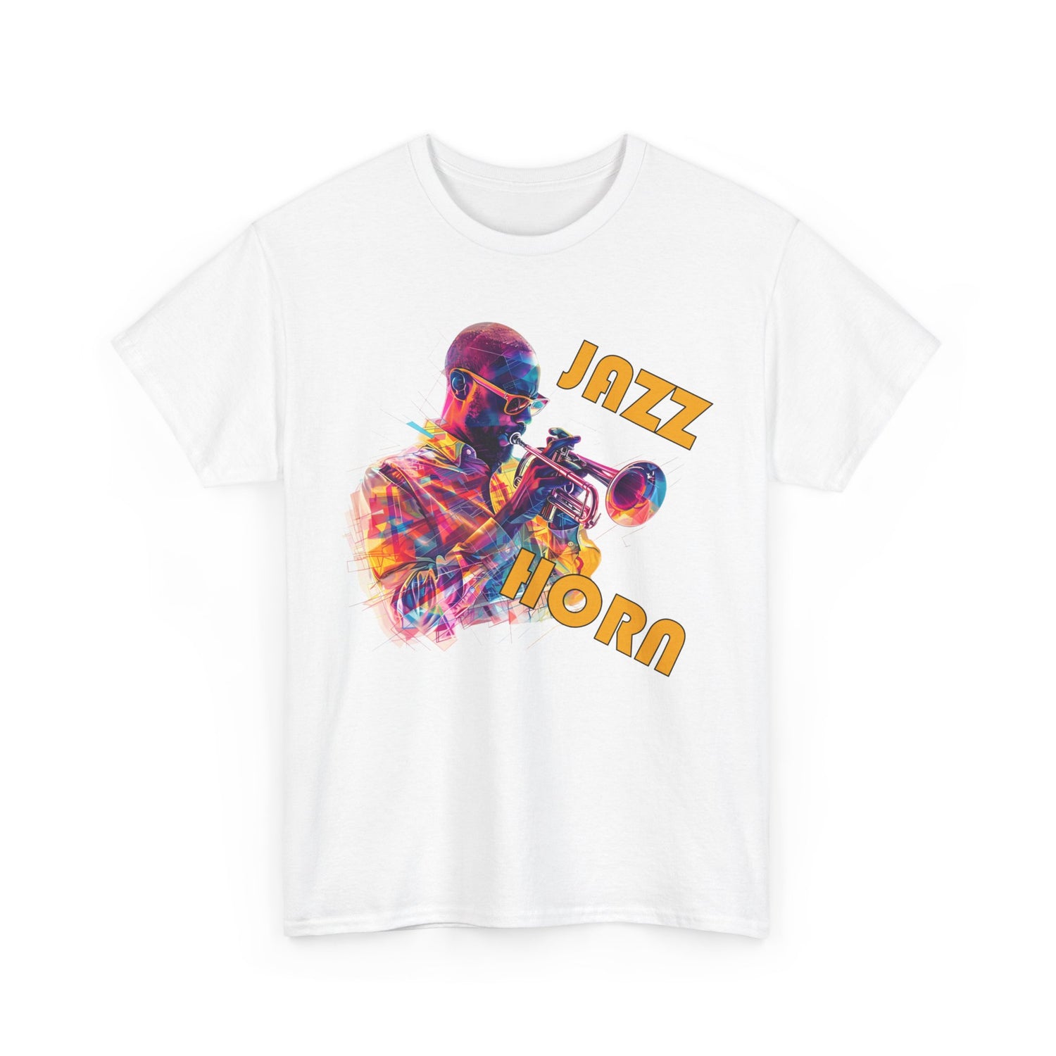 A black or white t shirt with a trumpet player in a multi coloured image. The words across the image say ‘Jazz Horn’