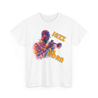 A black or white t shirt with a trumpet player in a multi coloured image. The words across the image say ‘Jazz Horn’