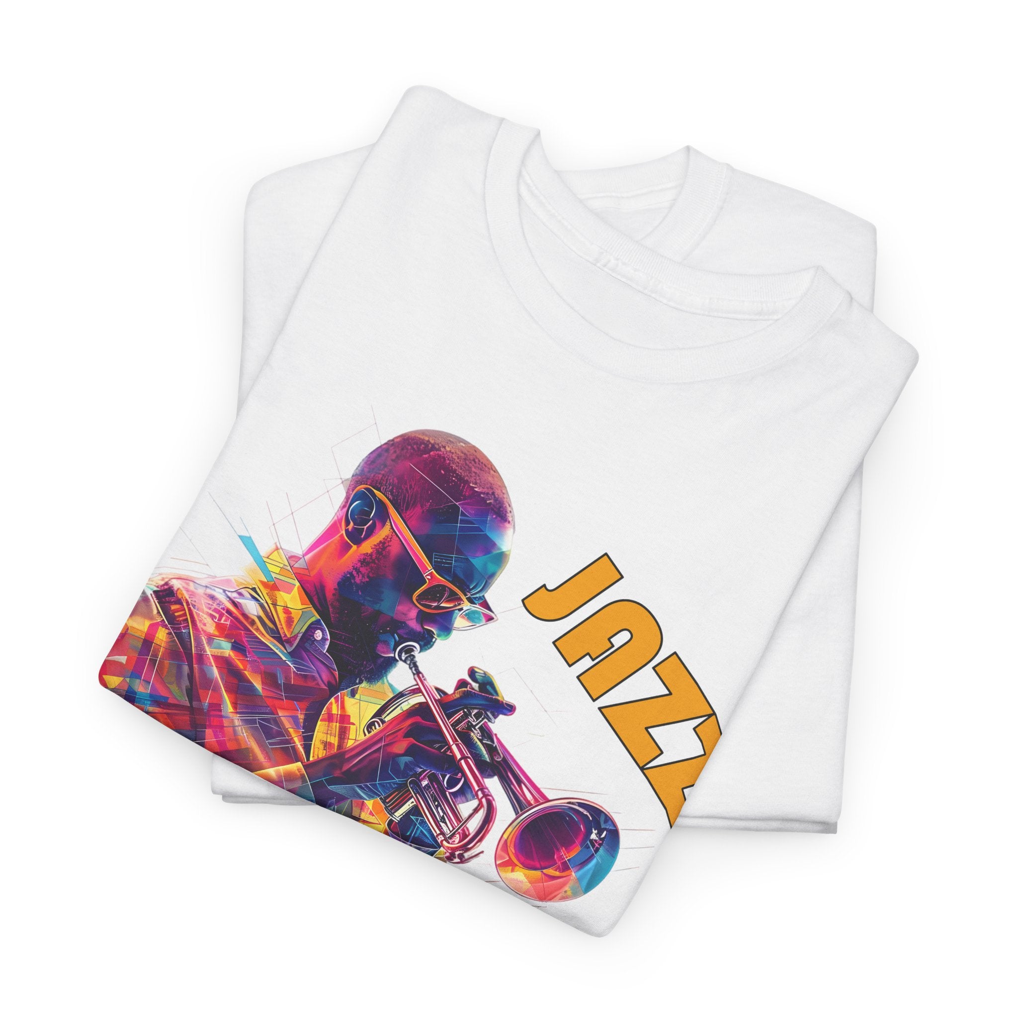 A black or white t shirt with a trumpet player in a multi coloured image. The words across the image say ‘Jazz Horn’