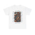 A white t shirt with an abstract jazz music design highlighting a sax and keyboards. The text states ‘Jazz Vibes, Jazz Improvisation.