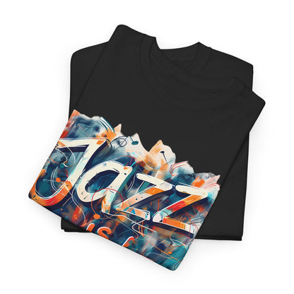 A black or white t shirt with an abstract multi coloured design saying ‘Jazz Is Freedom’