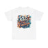 A black or white t shirt with an abstract multi coloured design saying ‘Jazz Is Freedom’