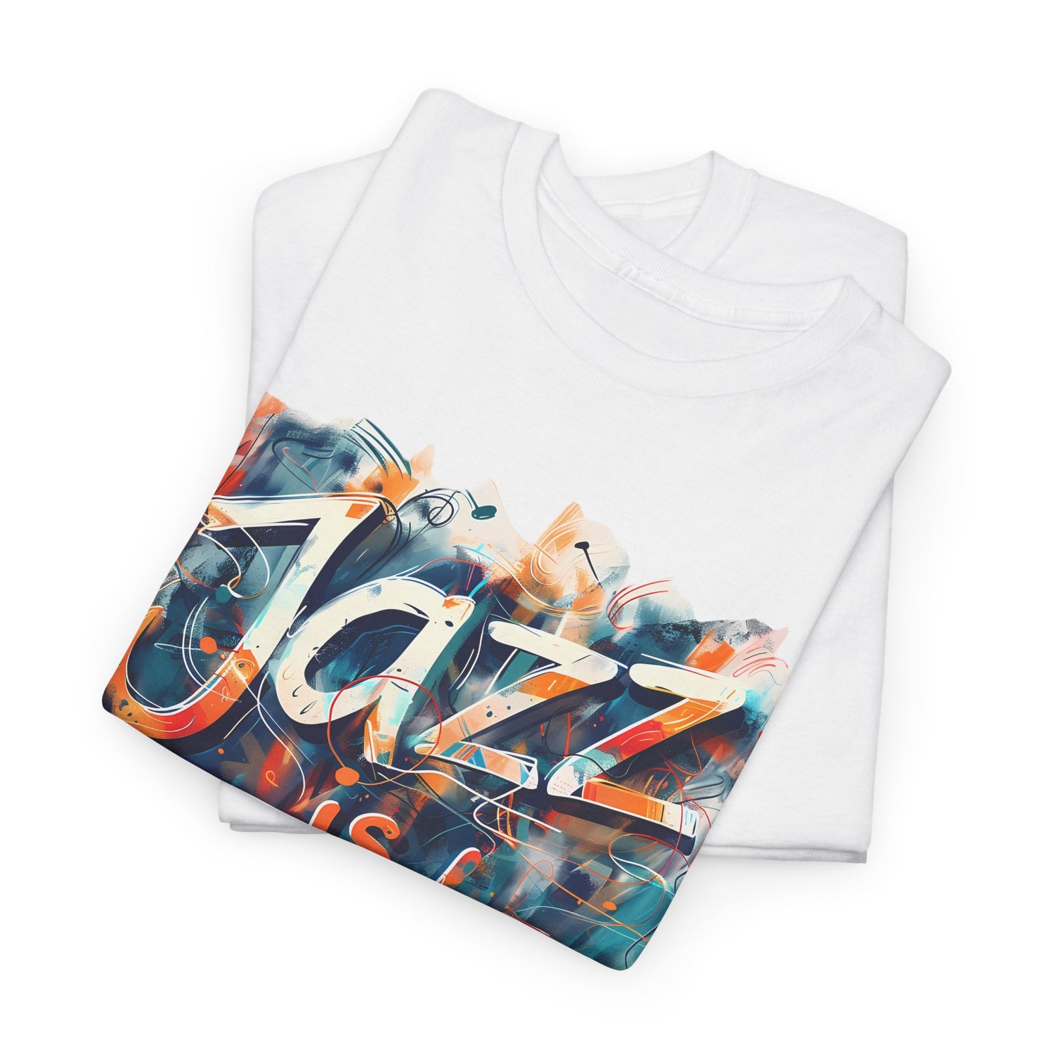 A black or white t shirt with an abstract multi coloured design saying ‘Jazz Is Freedom’