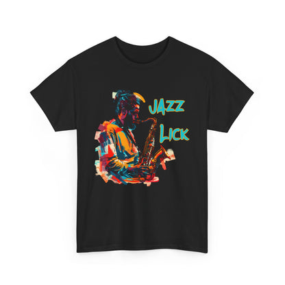 A black tee with a retro image of a jazz sax player. The text states ‘Jazz Lick’