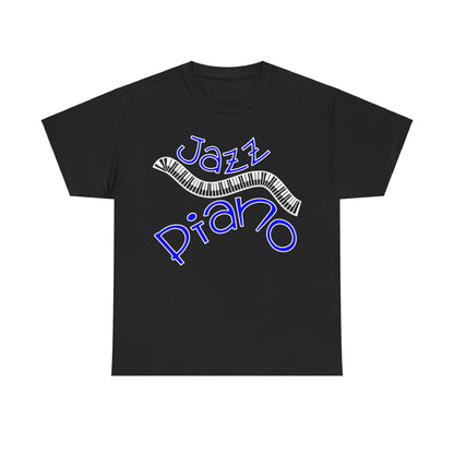 Graphic t-shirt design featuring a curved piano keyboard with the words &