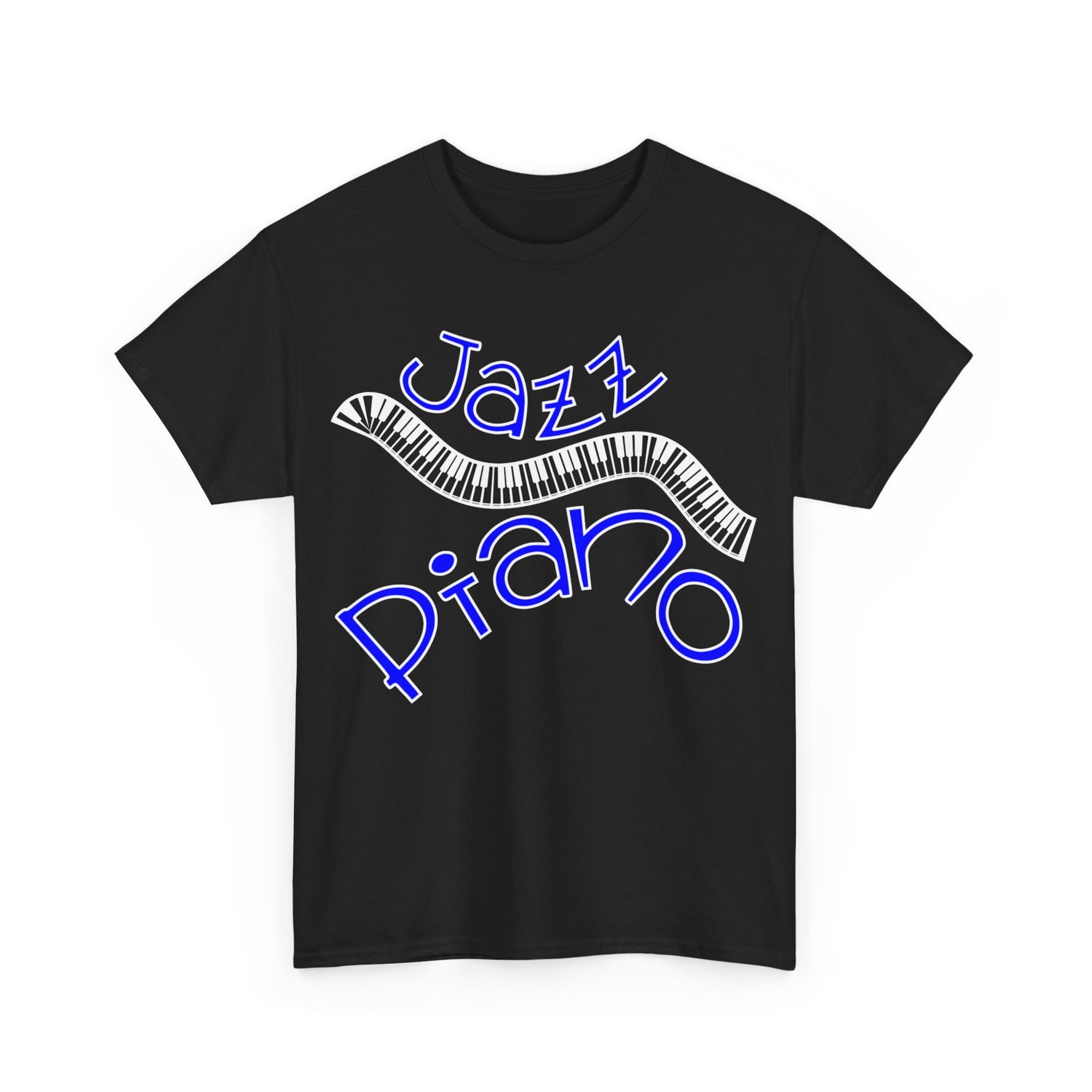 Graphic t-shirt design featuring a curved piano keyboard with the words &
