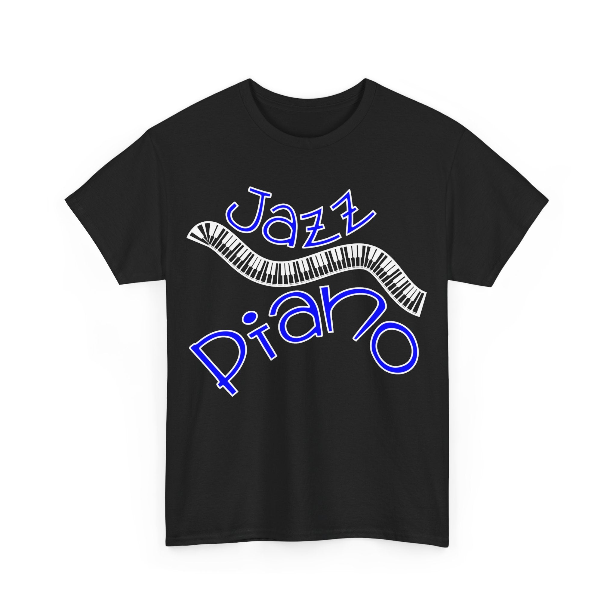 Graphic t-shirt design featuring a curved piano keyboard with the words &
