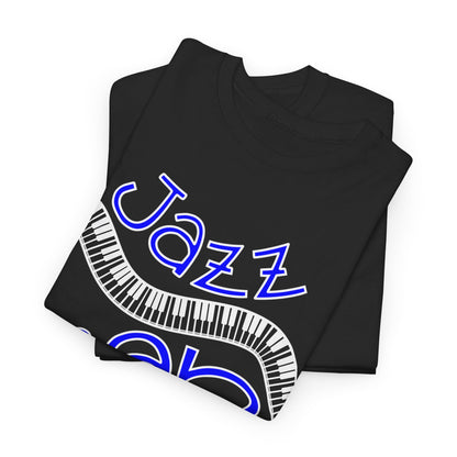 Graphic t-shirt design featuring a curved piano keyboard with the words &