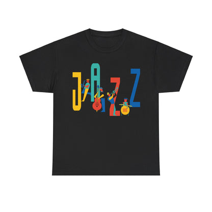 Multi coloured jazz players t shirt with caricatured band members