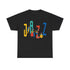 Multi coloured jazz players t shirt with caricatured band members