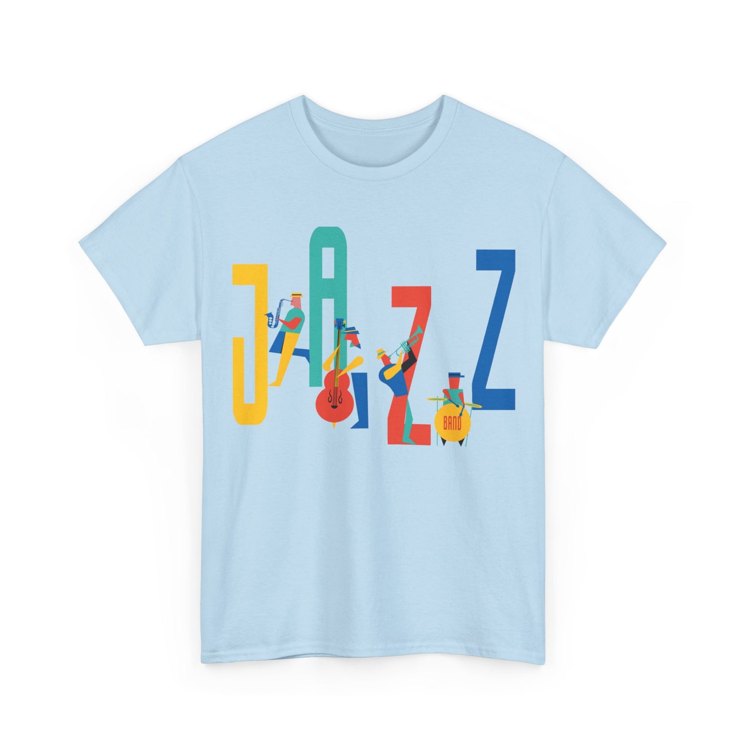 Multi coloured jazz players t shirt with caricatured band members