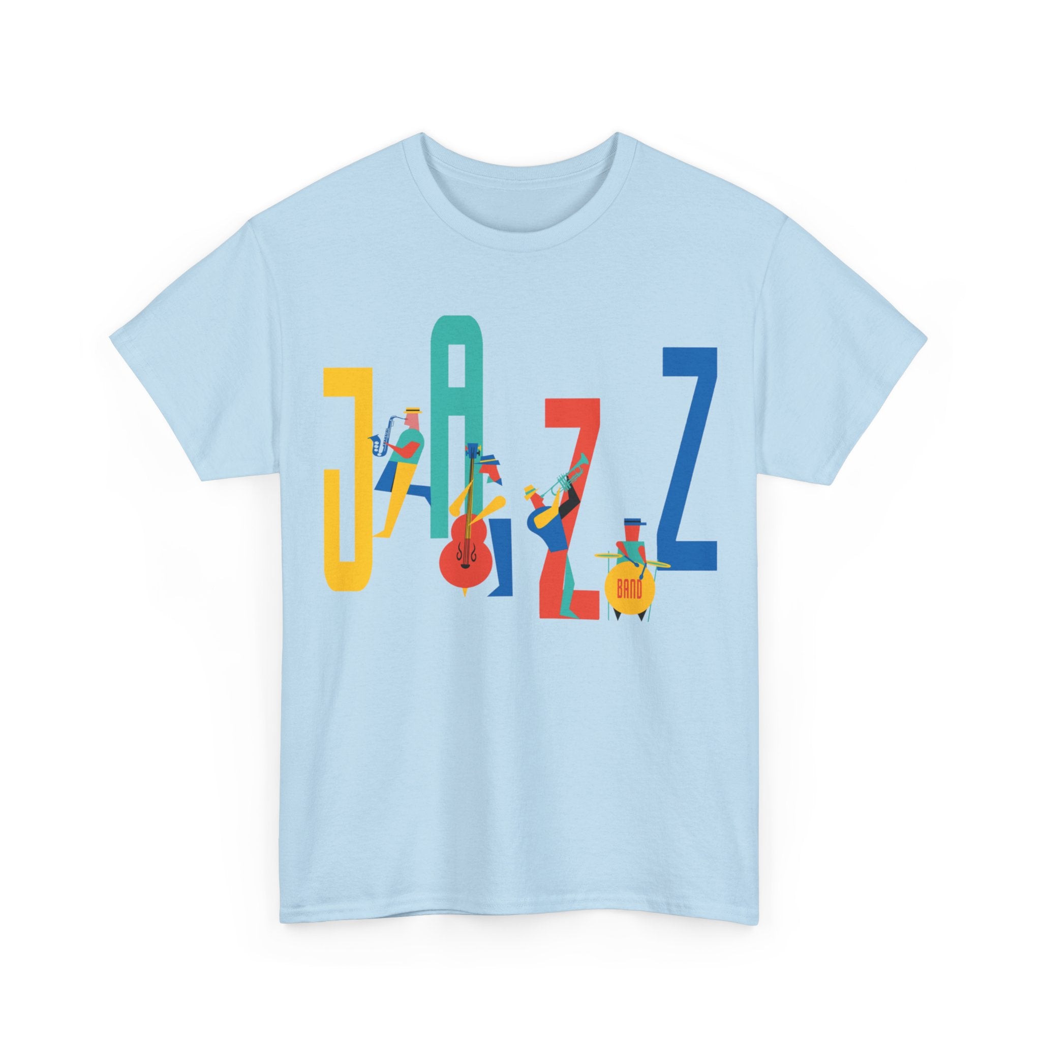 Multi coloured jazz players t shirt with caricatured band members