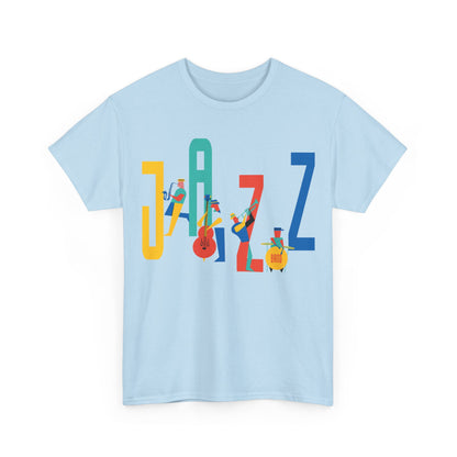 Multi coloured jazz players t shirt with caricatured band members