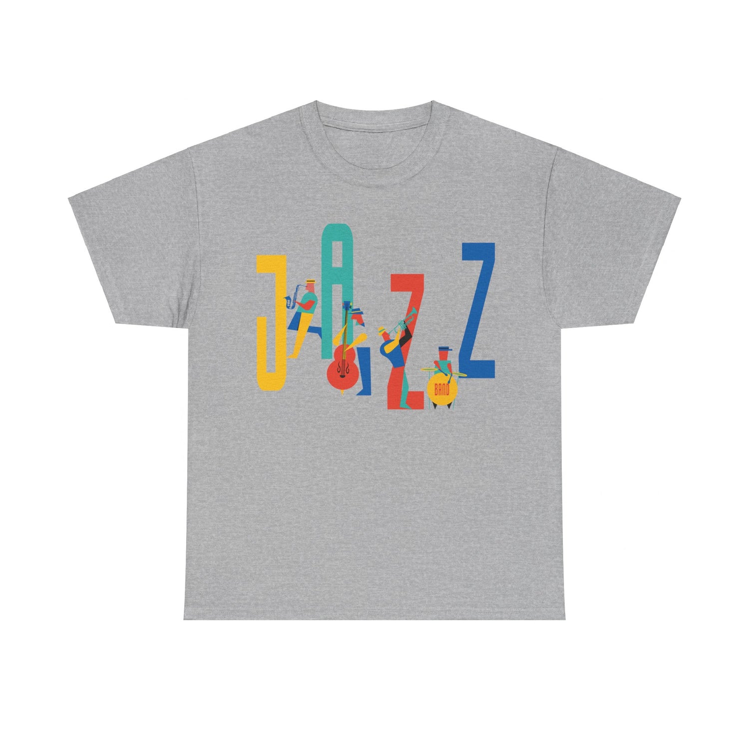 Multi coloured jazz players t shirt with caricatured band members