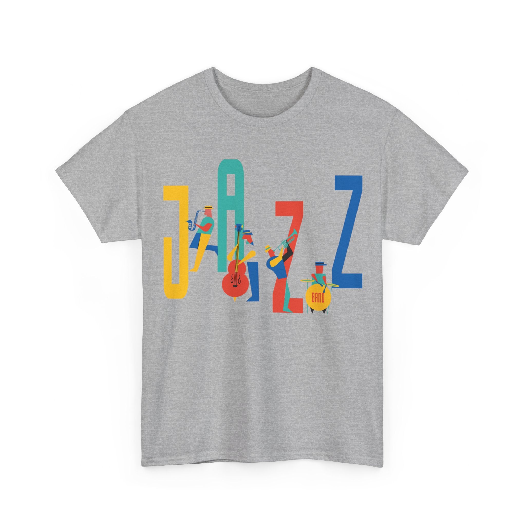 Multi coloured jazz players t shirt with caricatured band members