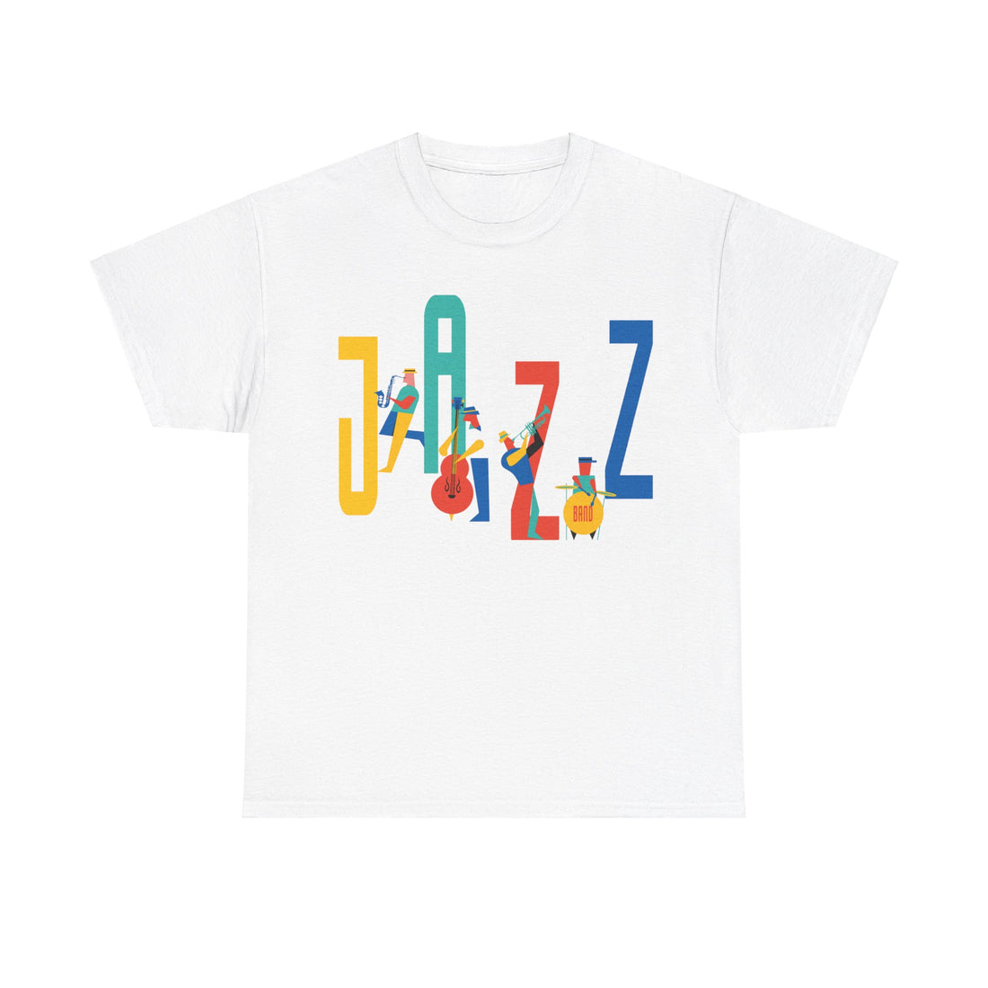 Multi coloured jazz players t shirt with caricatured band members