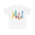 Multi coloured jazz players t shirt with caricatured band members