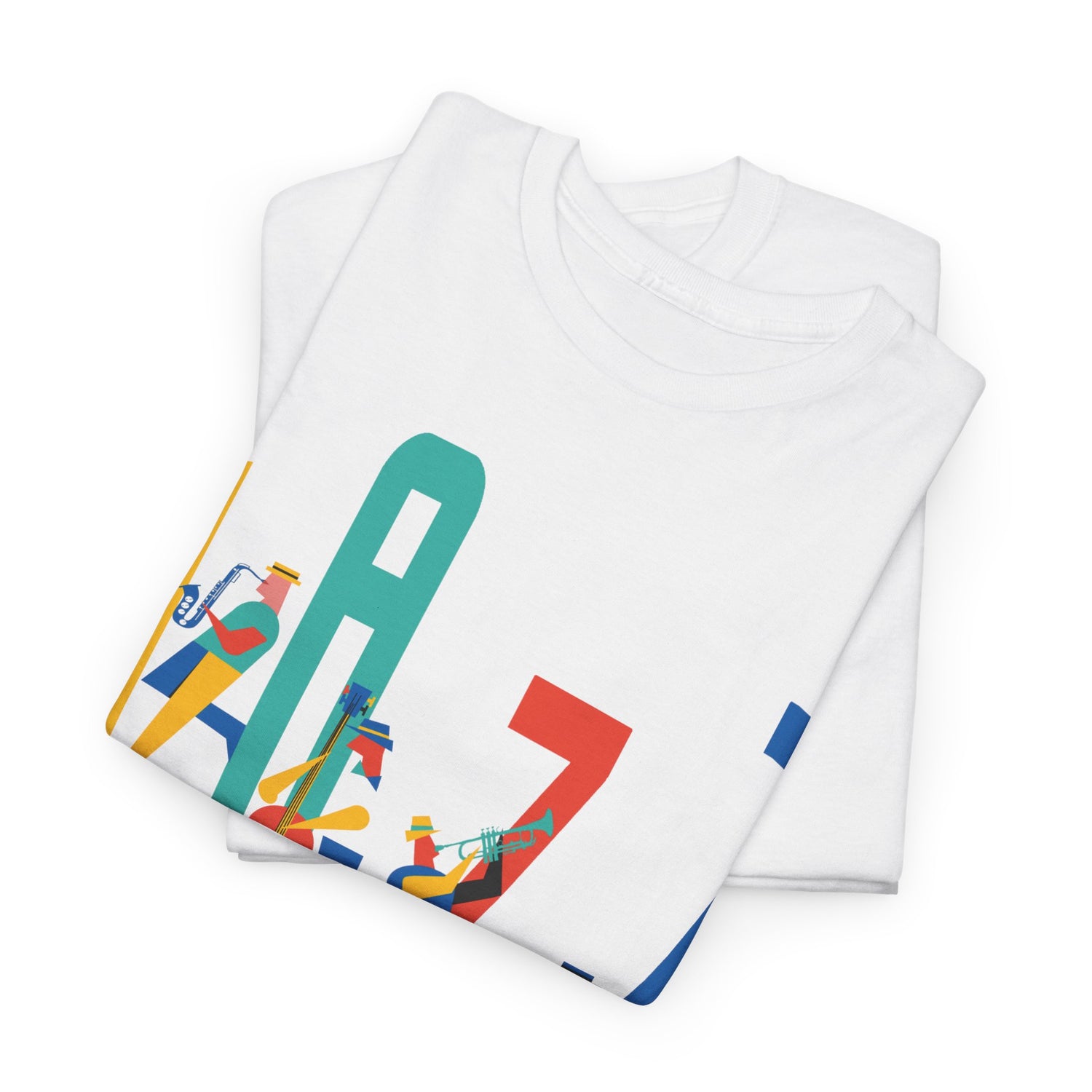 Multi coloured jazz players t shirt with caricatured band members