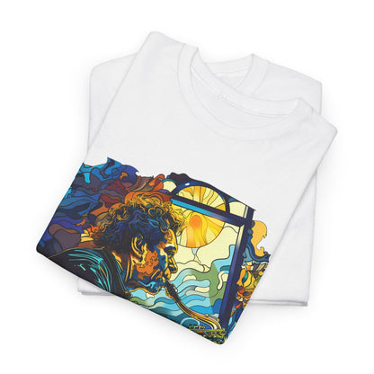 A black or white t shirt with an image of a saxophonist expressing his love of playing jazz. The words underneath the image are ‘Jazz Reborn’
