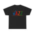 Jazz saxophone t shirt with multi coloured text