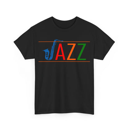 Jazz saxophone t shirt with multi coloured text