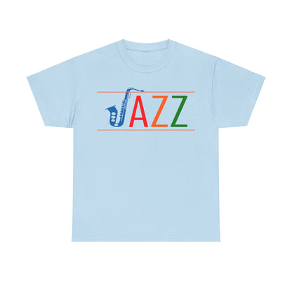 Jazz saxophone t shirt with multi coloured text