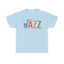 Jazz saxophone t shirt with multi coloured text