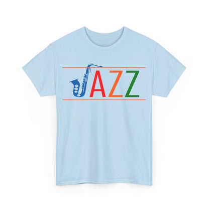 Jazz saxophone t shirt with multi coloured text