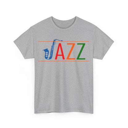 Jazz saxophone t shirt with multi coloured text